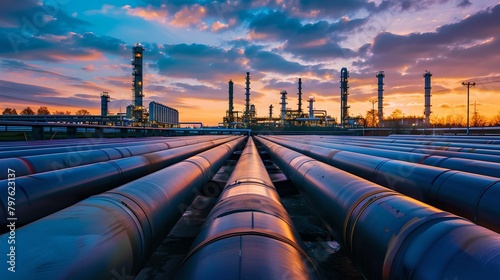 Industrial Sunset: Oil Refinery Piping Against Evening Sky, Symbolizing Energy Production and Technological Advancement in a Serene Setting. AI