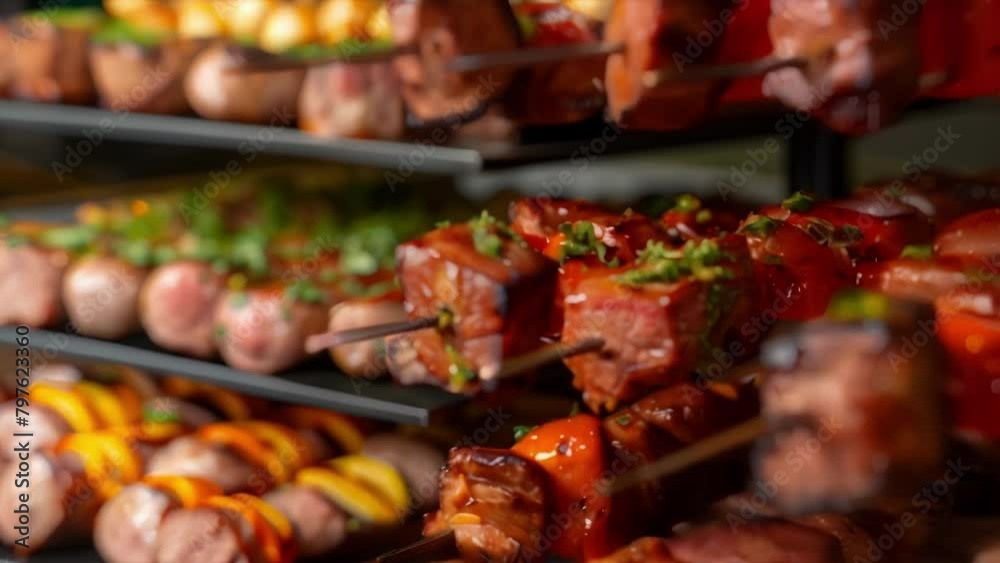 Closeup of colorful skewers stacked high with perfectly charred pieces of steak chicken and sausage ready to be sliced and served at a churrascaria restaurant. . Closeup of colorful skewers stacked high with perfectly charred pieces of steak chicken and sausage ready to be sliced and served at a churrascaria restaurant. .
