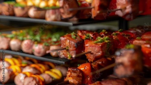Closeup of colorful skewers stacked high with perfectly charred pieces of steak chicken and sausage ready to be sliced and served at a churrascaria restaurant. . photo