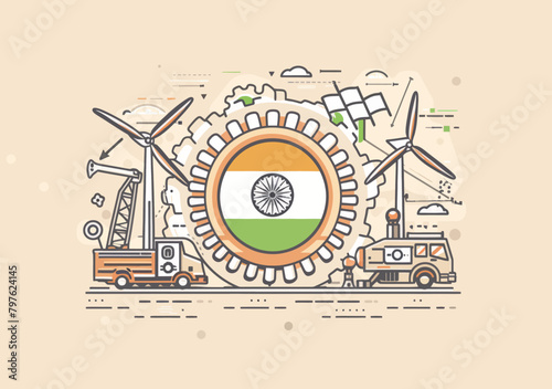 a flag of india surrounded by windmills and machinery