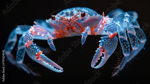 A blue and red crab is shown in a black background photo
