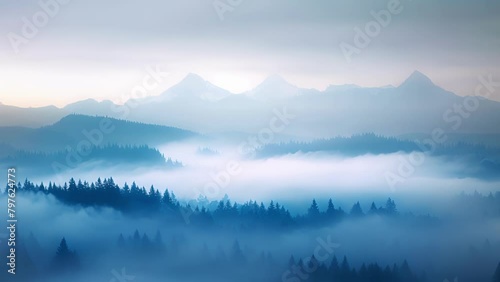 Veiled in a gauzy veil of fog the distant peaks of the enchanted wilderness create a mesmerizing vista inviting one to lose themselves in the magic and mystery of this ethereal wonderland. . photo