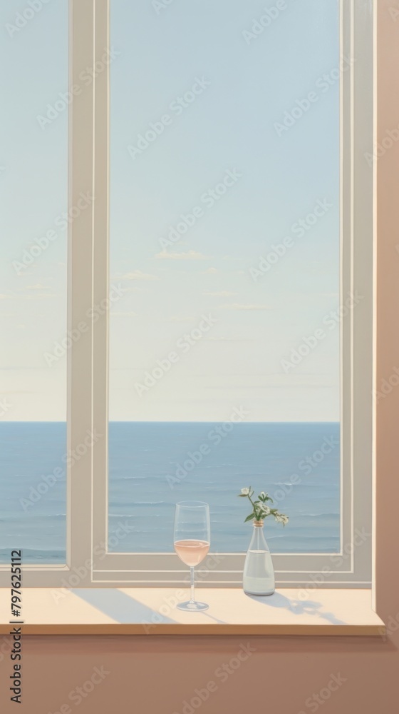 Minimal seascape out of the window view with a champagne windowsill glass architecture. Minimal seascape out of the window view with a champagne windowsill glass architecture.