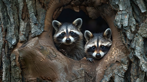 Two Curious Raccoons Peeking from a Hollow Tree, Natural Habitat Encounter. Wildlife Photography with Focus on Eyes. Perfect for Nature Enthusiasts. AI