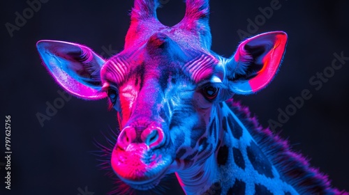 A giraffe with a pink and purple head