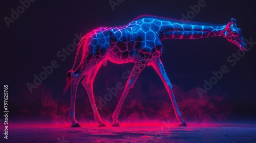 A giraffe walking through a smokey, purple and blue environment © hakule