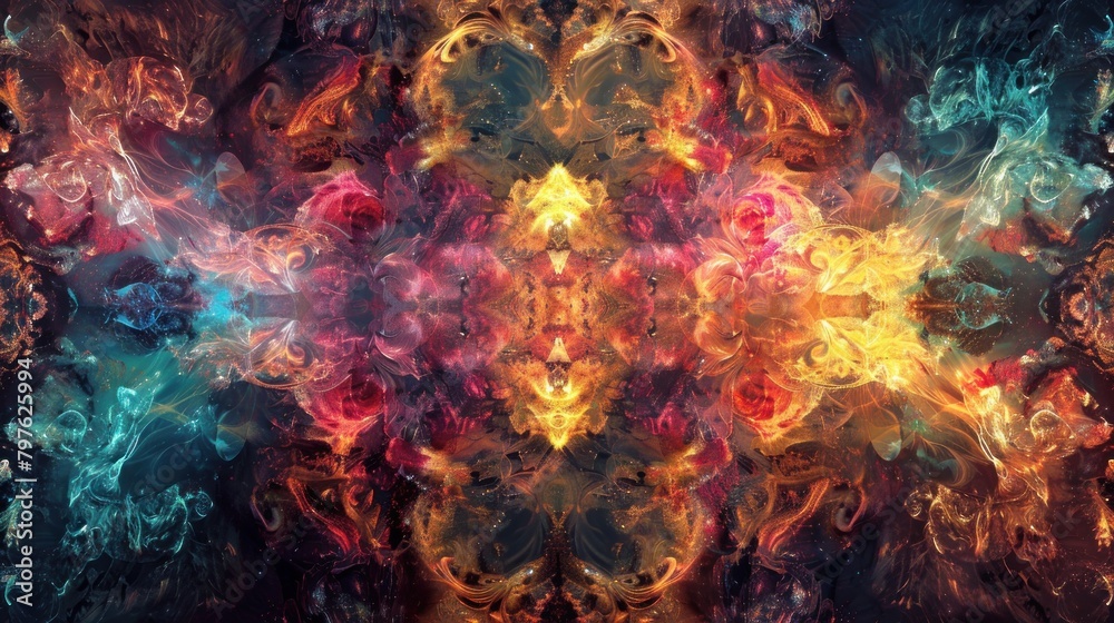 Fototapeta premium Vibrant kaleidoscope art. Symmetrical abstract background with colorful swirls. 
