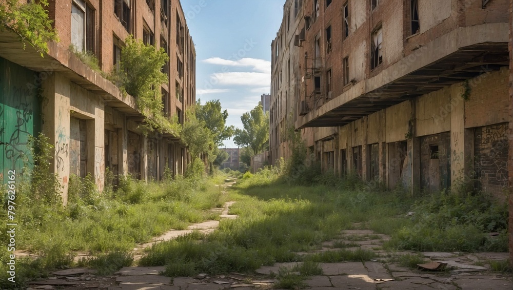 Fototapeta premium A deserted alleyway between crumbling, overgrown buildings. Patches of grass and weeds cover the ground.