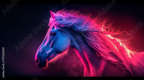 A horse with a pink mane and tail is shown in a black background