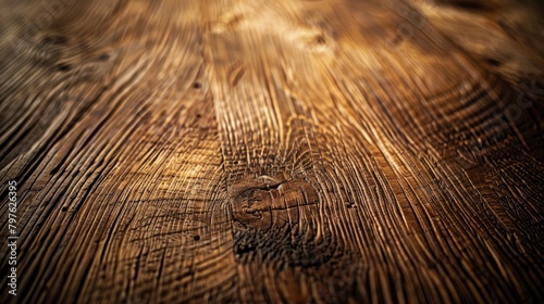 Close up of a wooden table top displaying intricate wood grain patterns and textures under soft lighting