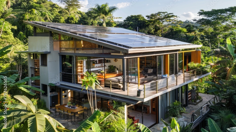 A high-angle view of a contemporary green home featuring a solar panel on the roof and surrounded by lush vegetation