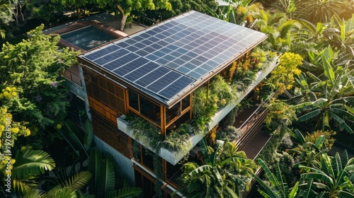 A high angle view of a contemporary green house featuring a solar panel on the roof amidst lush greenery