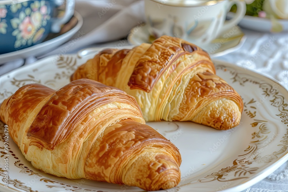 French Homemade Pastry: Captured Natural Light Brunch with Two Fresh Croissants French Homemade Pastry: Captured Natural Light Brunch with Two Fresh Croissants