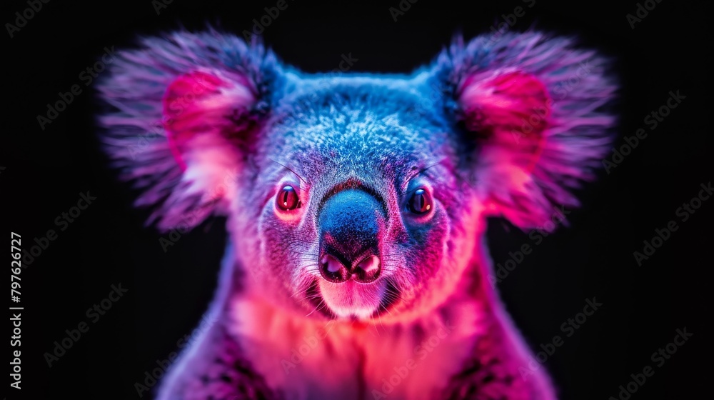 A koala with pink ears and a pink nose is staring at the camera