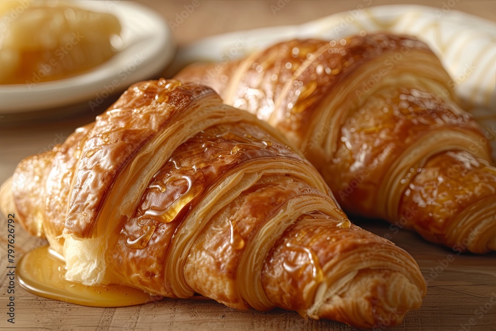 Morning Delights: Honey-Drizzled Croissants on a Warm Bakery Backdrop