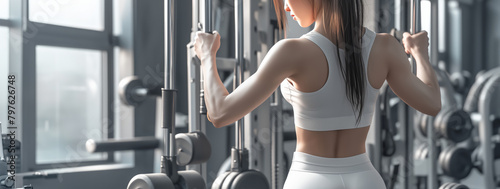 woman wearing a white tank top working out in a gym, lifting weights and sweating, copy space