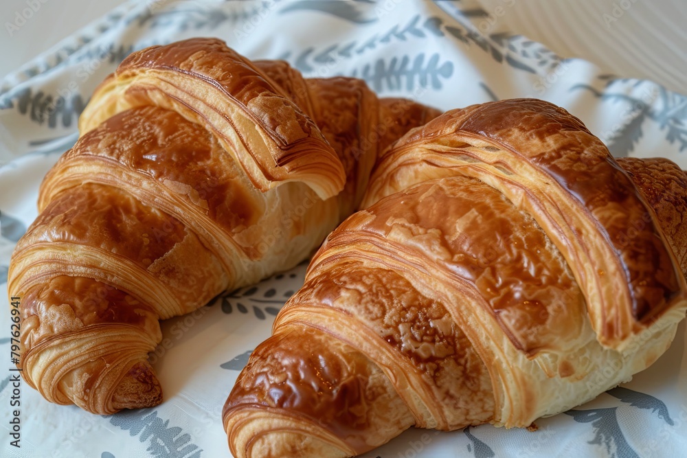 Soft and Buttery Delights: Two Croissants Indulging in the Warmth of Freshly Baked Bliss