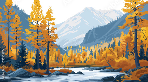 Chuya river with yellow autumn trees in Altai mountai photo