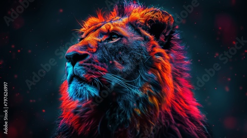 A colorful lion with a blue and red mane