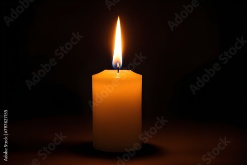 A single white candle with a bright flame, centered in darkness, warm glow, symbolizing tranquility and remembrance. generative ai