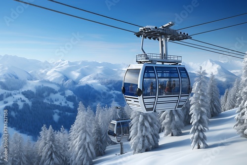 3D render of a ski lift in the mountains during winter season