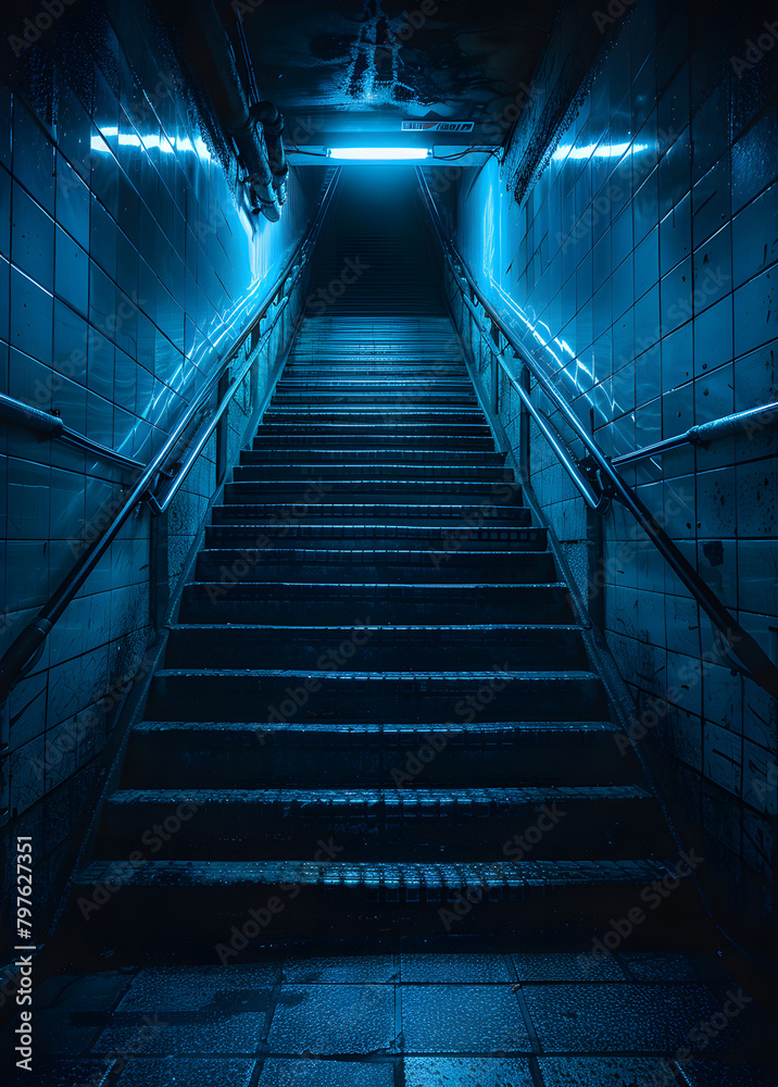 Stairway to the empty with blue neon color background. , Dark atmosphere. Stairway to the empty with blue neon color background. , Dark atmosphere.