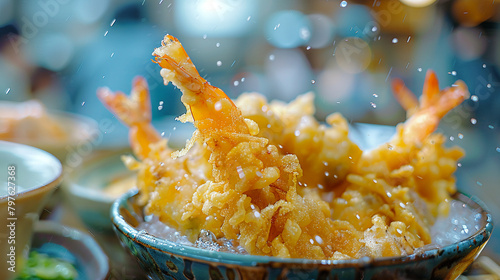 Glistening Tempura in close-up, elevated by an ethereal ambiance and the soft patter of acid rain