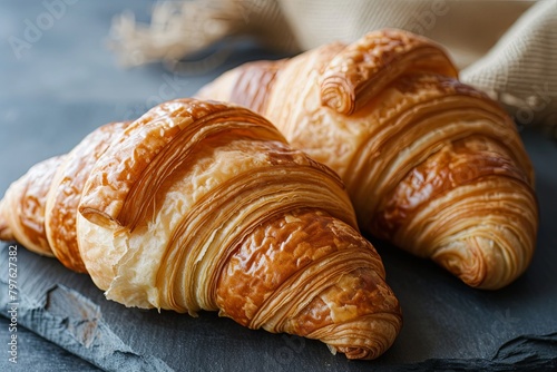 Dark Rustic Morning Delights: Two Croissants Captured in Delicious Traditional Breakfast Pastries Photograph