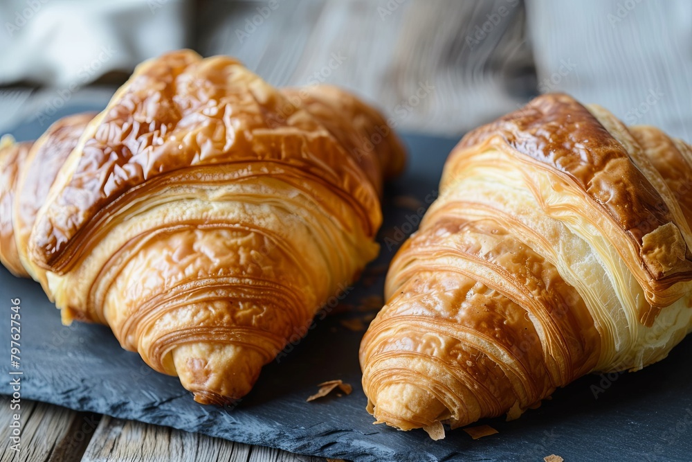 Feast for the Eyes: Traditional Breakfast Croissants on Slate - A Captivating Photograph