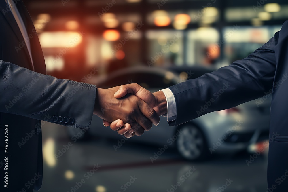 Close-up image of two businessmen shaking hands in auto showroom
