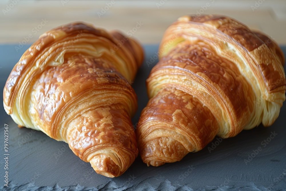 Feast For The Eyes: Traditional Breakfast Croissants Captured On Slate - Stunning Photograph of Two Delicious Pastries