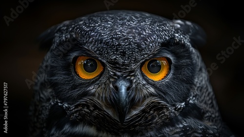 A close up of an owl's face with yellow eyes