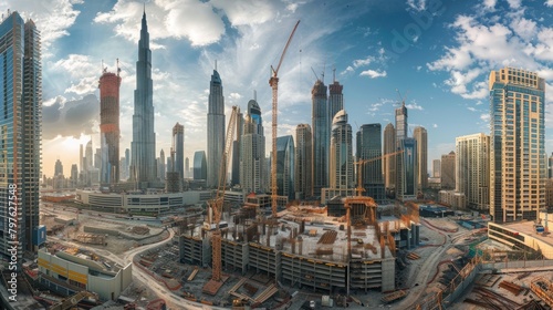 A cityscape dominated by tall buildings surrounding a bustling construction site  highlighting the blend of modern and traditional architecture