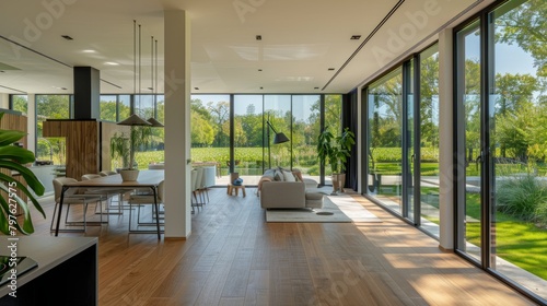 A green living room filled with furniture and flooded with natural light from numerous windows