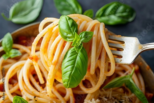 Spaghetti on Fork: Delicious Basil and Sauce Contrast