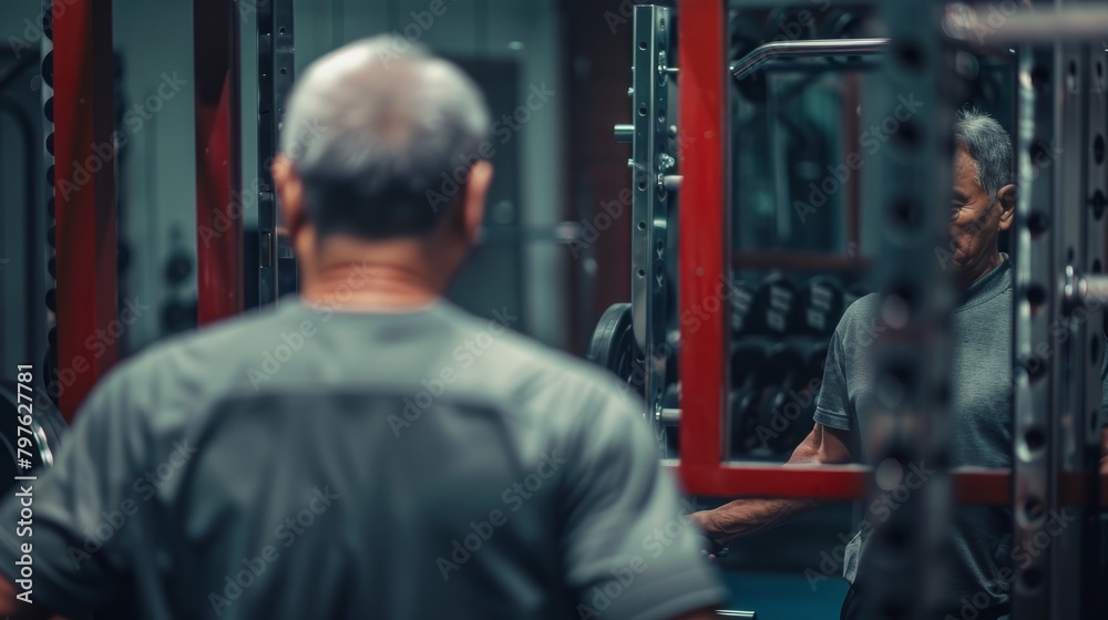 An Asian man standing in front of a gym mirror, observing his form as he lifts weights during a strength training session