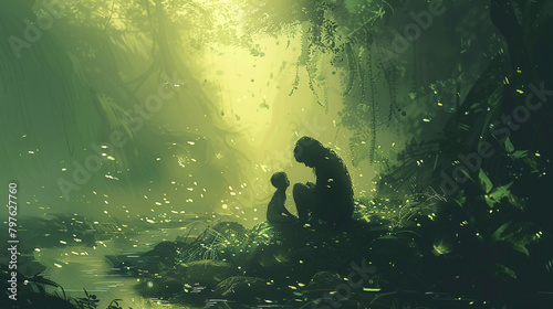 Human-like animal adopting a child in an ethereal forest, a scene bathed in the soft hues of acid rain photo