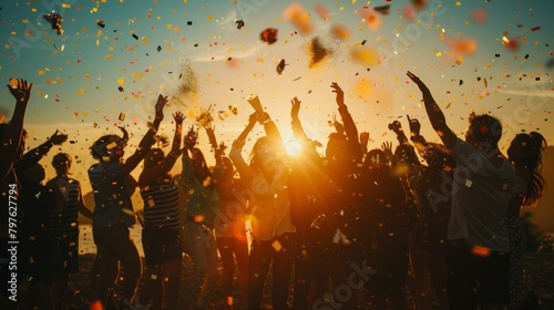 A silhouette image of a group of friends cheering and joyfully throwing confetti into the air