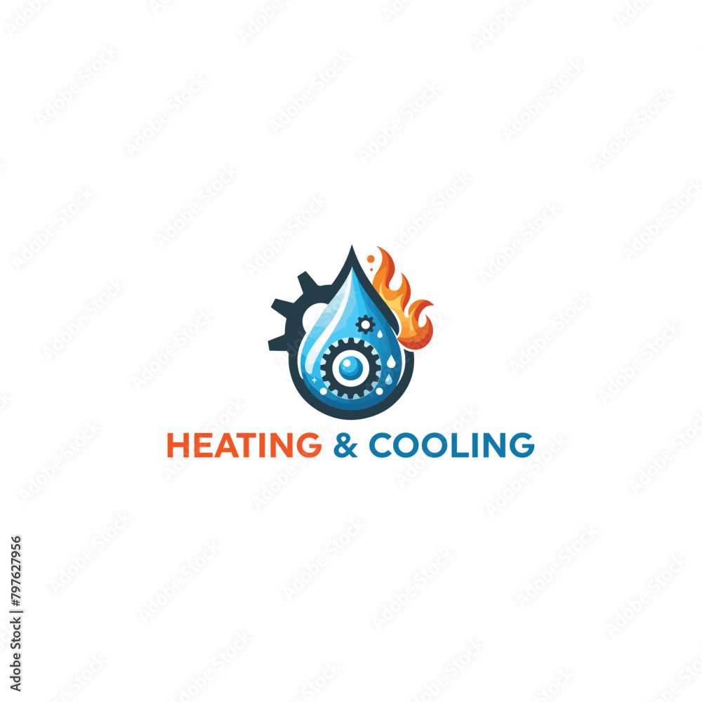 Obraz premium heating and cooling logo, hvac logo design, fire & water logo, oil and gas logo with gear icon, air conditioning, heating, and cooling HVAC service logo design