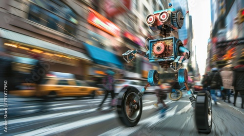 A shiny RhAY robot joyfully rides a motorcycle down a busy city street
