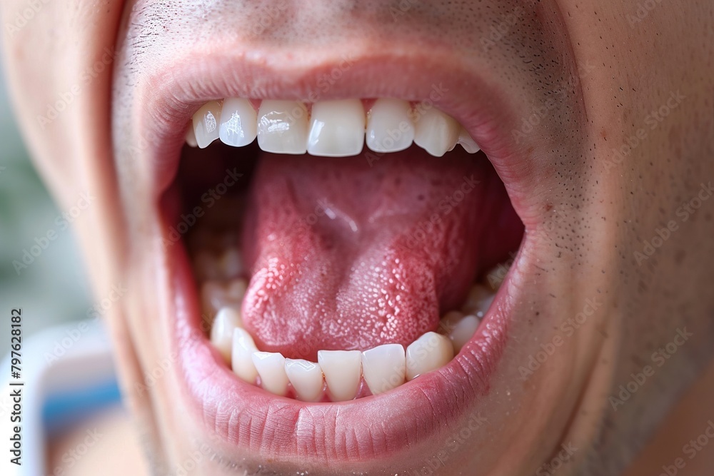 A man's mouth is open, revealing his tongue