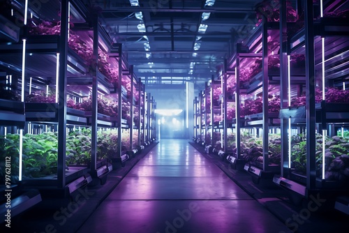 Hydroponic vegetable growing in hydroponic farm with neon light