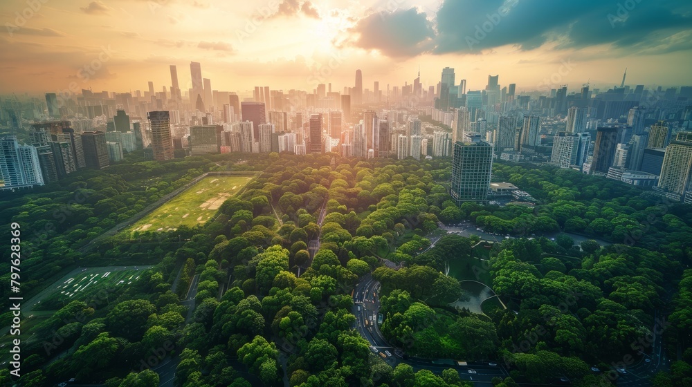 An aerial perspective of a city park amid urban surroundings, showcasing greenery, pathways, and recreational areas