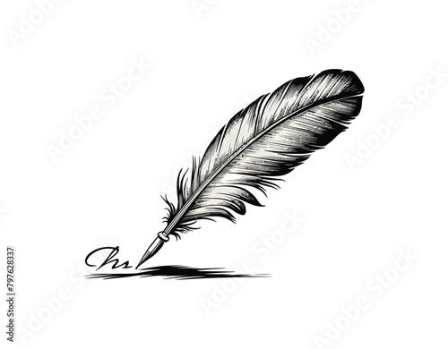 An original illustration of a feather quill pen in a vintage woodblock style