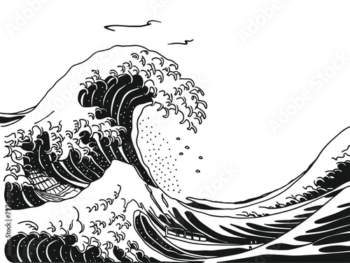An oriental Japanese great wave in a vintage retro engraved etching style
