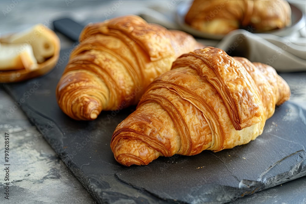 Rustic Dark Board: Fresh Two Croissants - Traditional French Breakfast Photography