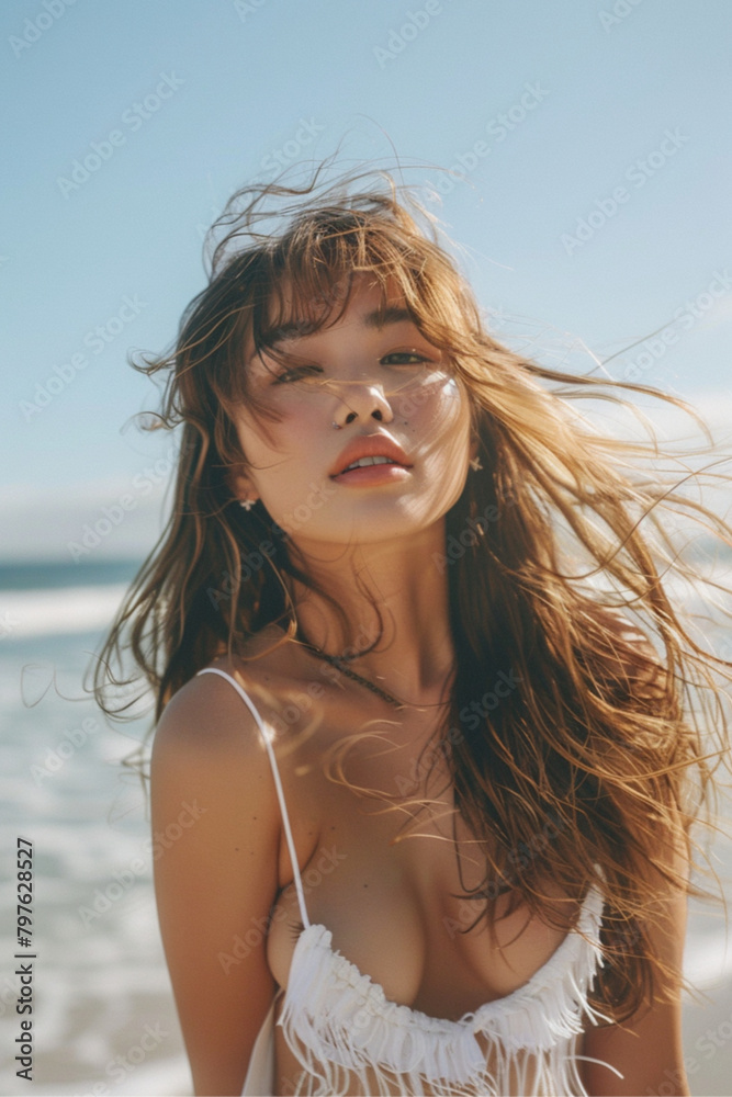 beautiful Japanese woman with a fringe and long wavy brown hair with blond highlights, wearing beachwear, beach outfit, woman in her 20s, beachwear photoshoot, portrait, beach, standing at the beach