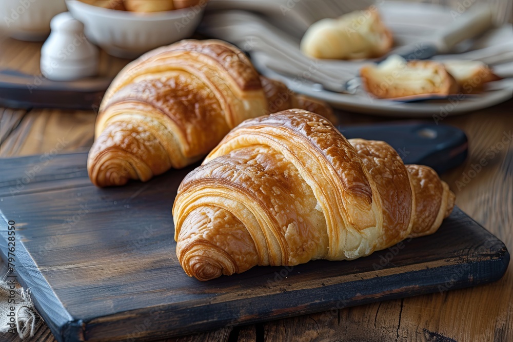 Rustic Dark Board: Crusty and Tasty Dough with Fresh Two Croissants - Traditional French Breakfast Image