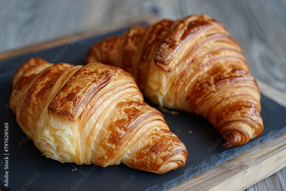 French Croissants on Rustic Dark Slate Board: Traditional Butter Pastry Delight