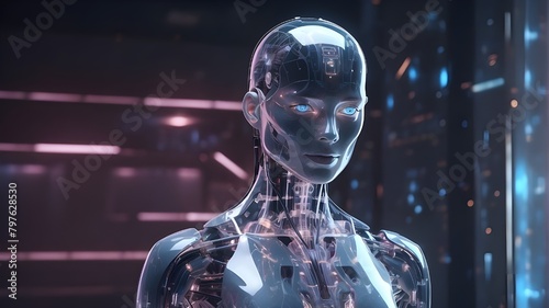 future artificial intelligence, a detailed side view of a robotic, humanoid girl, isolated on a future background, with a face and skin tone similar to that of a human.